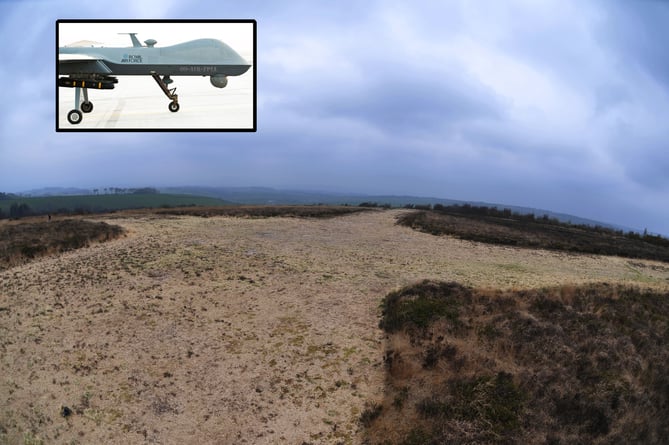 The intersections of former runways 05/23 and 14/32 at Little Haldon, pictured earlier this week
Inset: an RAF General Atomics MQ-9A Reaper Drone