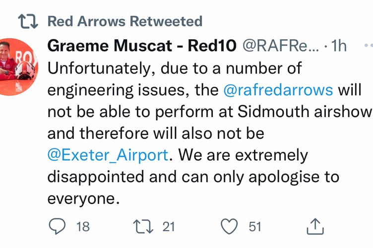 The tweet issued by the Red Arrows.
