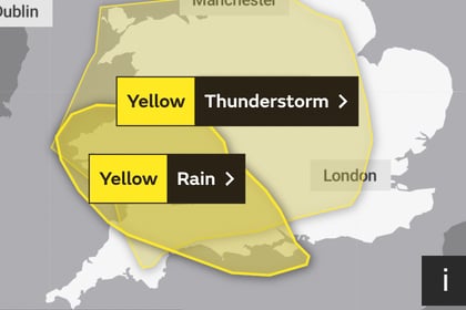 Yellow warning of heavy rain for Devon this evening