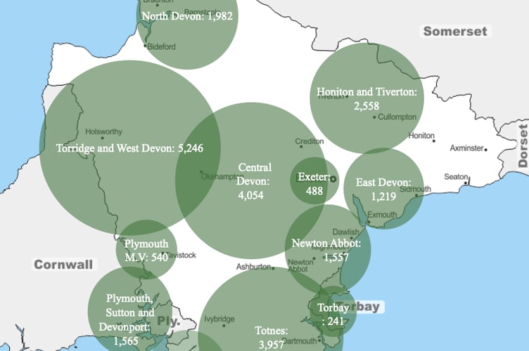 Frequency of sewage dumps across Devon's constituencies in 2022