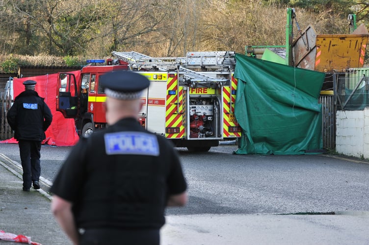 Photo: Steve Pope MD170120A_SP003
St Johnâs Lane, Bovey Tracey. Emergency services vehicles attending a fatal incident at the Dartmoor National Park workshops