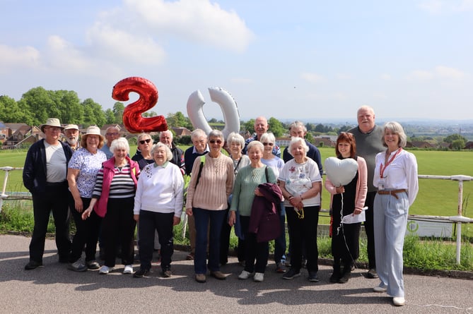 Westbank - the Exminster Health Walk group with Health Walk Coordinator Claire Ridge (3rd from the right holding a heart balloon)