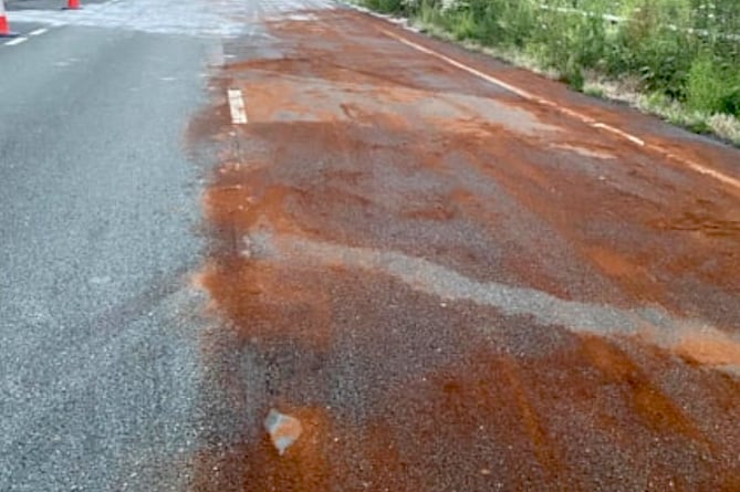 Damage to the A38 following last night's HGV fire