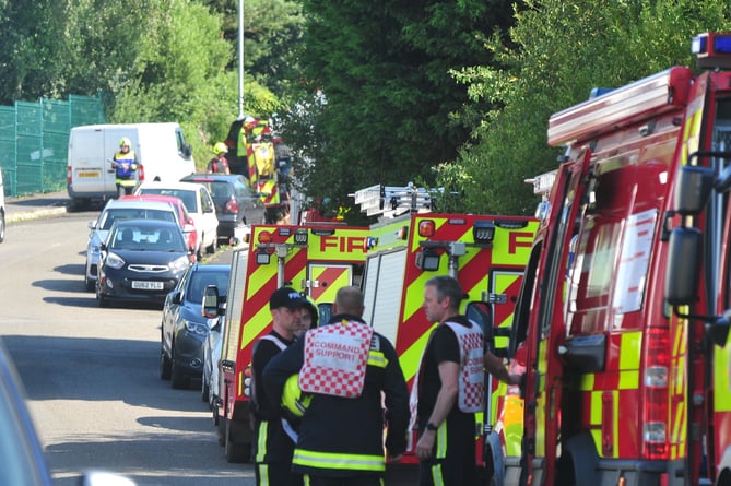 Emergency services at the scene of a mayor fire on Heathfield Industrial Estate near Bovey Tracey