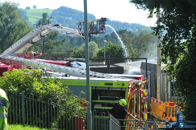 Emergency services at the scene of a mayor fire on Heathfield Industrial Estate near Bovey Tracey