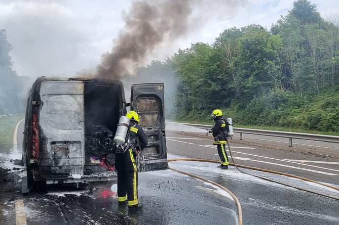 Firefighters from Newton Abbot and Torquay tackled a van fire on the A380. Photo Newton Abbot Fire Station 