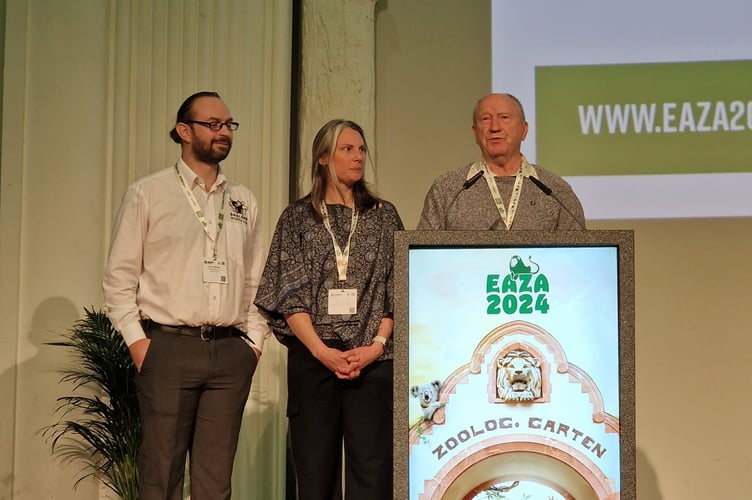 Stewart Muir, right, receives his award with Zac Showell, left and Aude Desmoulin centre, who both sponsored Stewart's nomination. 