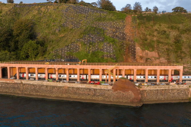 Rockfall shelter over the main railway line between Dawlish and Teignmouth. 