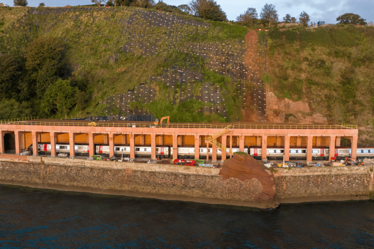 Rockfall shelter over the main railway line between Dawlish and Teignmouth. 